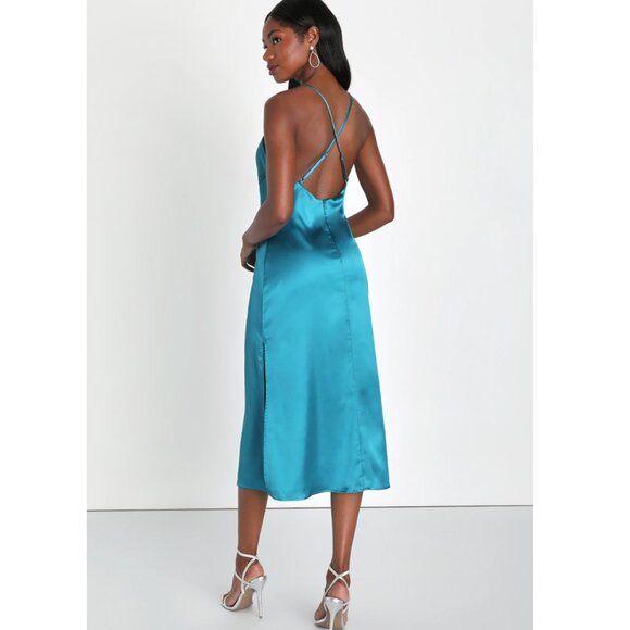 Lulus Luxe Date Teal Blue Satin Seamed Backless Midi Dress - Picture 2 of 3